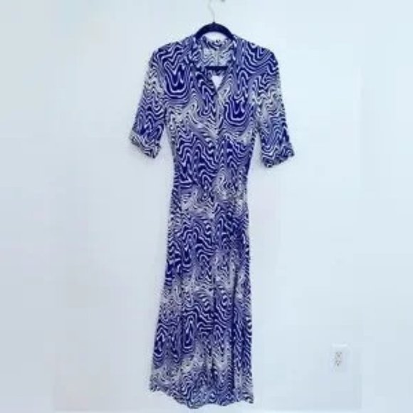 ZARA Long Flowing Geometric Print Midi Dress Belt Blue White Geometric Size M - Picture 3 of 7